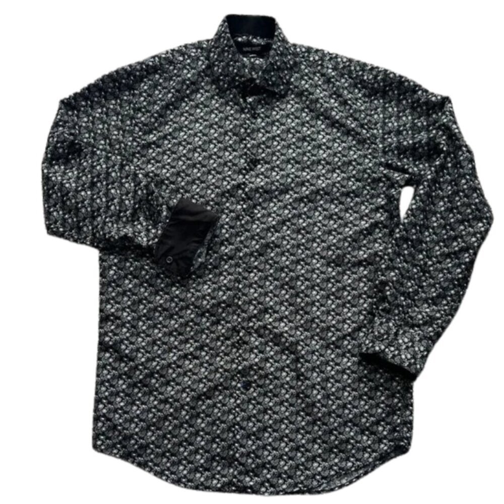Nine West Men’s Black White Slim Fit Floral Long-Sleeve Button -Down Shirt - S